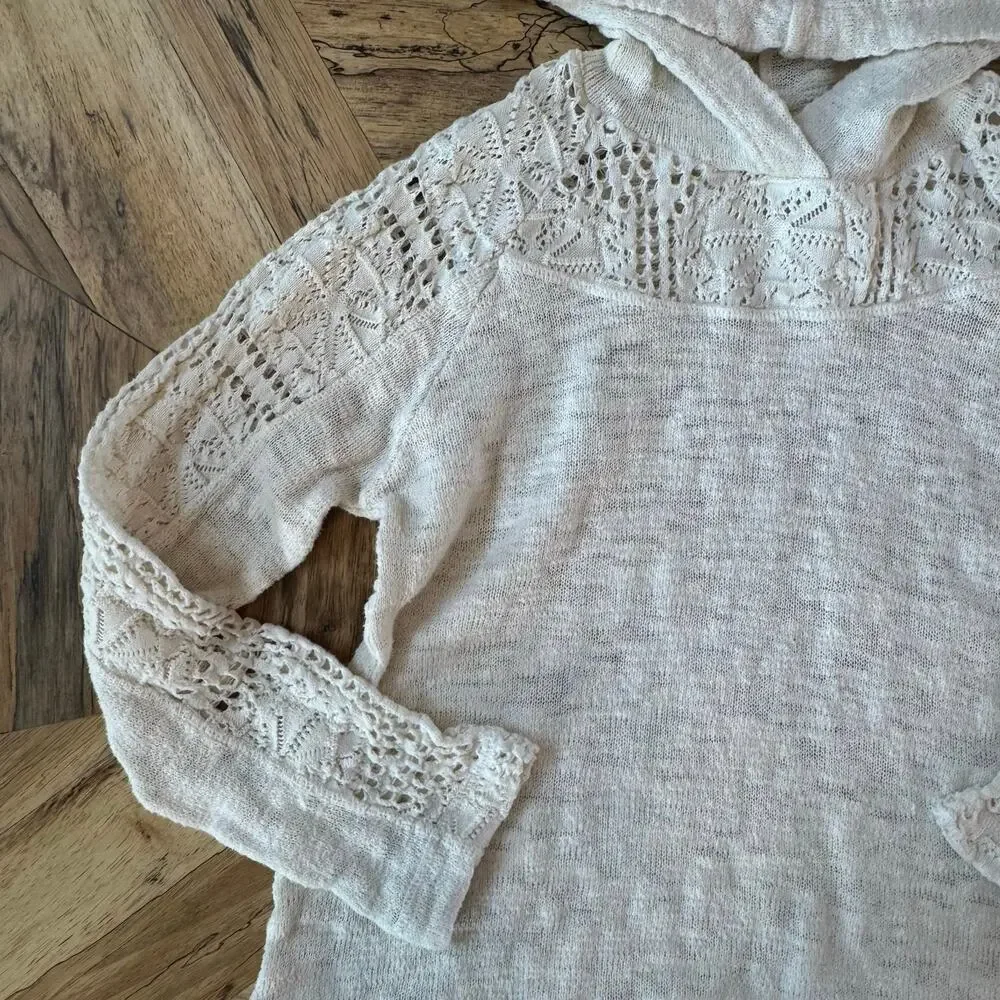 O'Neill Girls Cream Crochet Lace Sleeve Knit Hoodie Beach Coverup Sweater Large